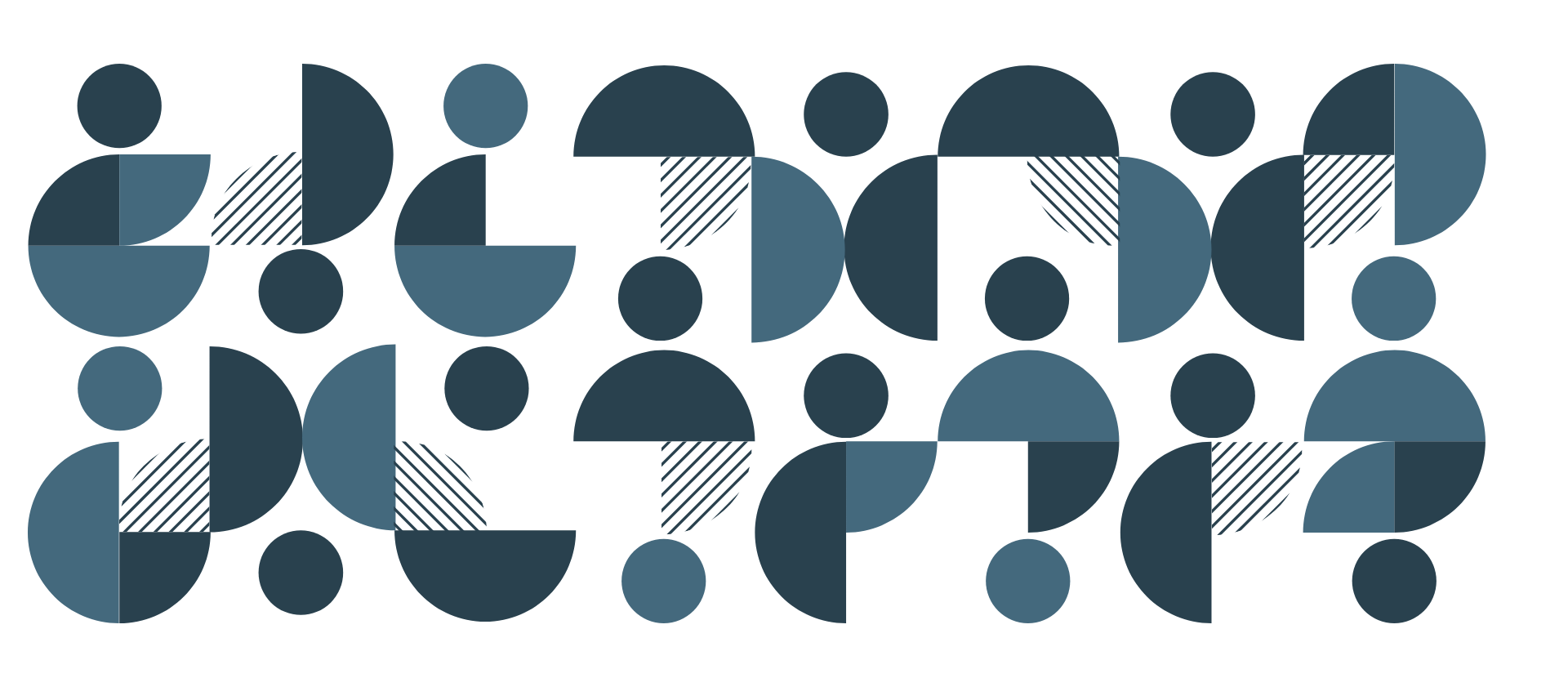 Abstract collection of circles, half, and quarter circles relating to the dot in the Commission logo. Elements are one of two blue colours or striped blue.