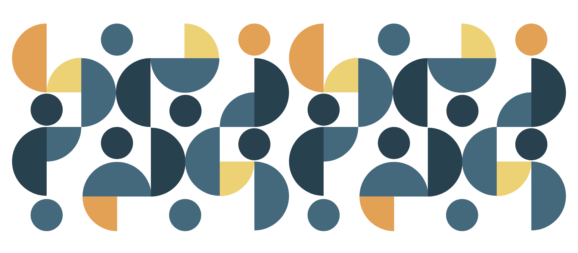 Abstract collection of circles, half, and quarter circles relating to the dot in the Commission logo. Elements are one of two blue colours or a cheery orange or yellow..