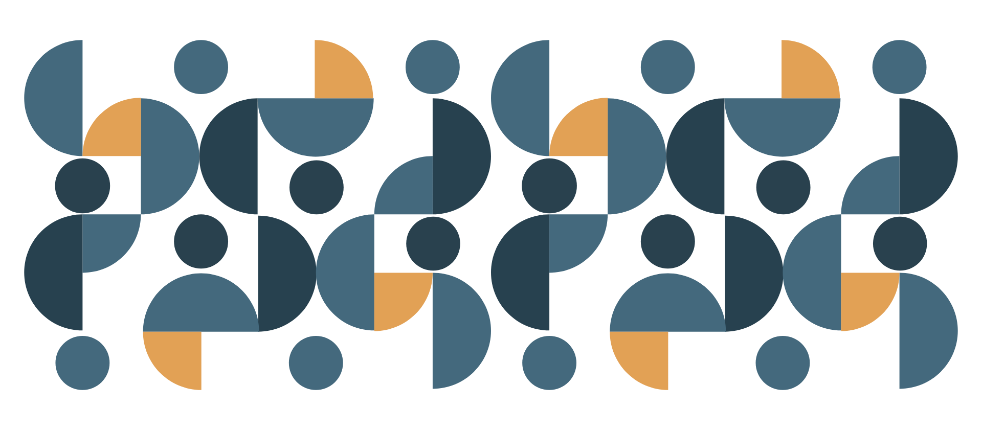 Abstract collection of circles, half, and quarter circles relating to the dot in the Commission logo. Elements are one of two blue colours or a cheery orange.