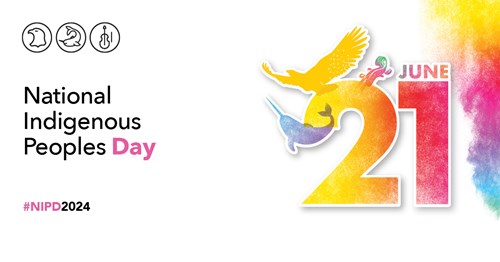 An eagle representing First Nations, a narwhal representing Inuit, and a violin representing Métis. These illustrations are placed around the date "June 21" and surrounded by multicoloured smoke that represents Indigenous traditions, spirituality, inclusion, and diversity
